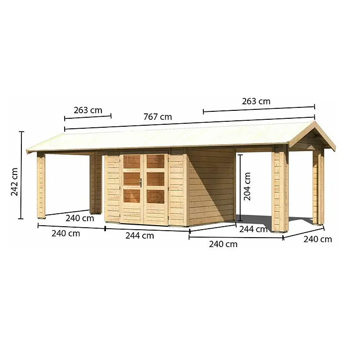 Karibu Gartenhaus Theres - Außenmaß inkl. Dachüberstand (B x T): 767 x 288 cm, Holz, Natur - Abbildung eines Holzschuppens mit Vordach und Maßangaben. Ideal für Garten oder als Stauraum.