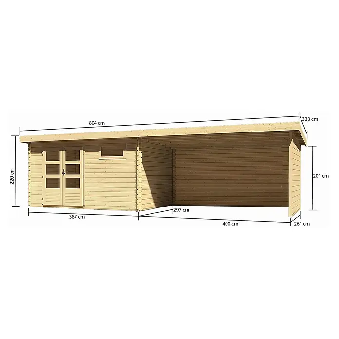 Karibu Gartenhaus Bastrup 8 - Außenmaß inkl. Dachüberstand (B x T): 804 x 333 cm, Holz, Natur, Mit Seitendach, Rück- und Seitenwand - Abbildung eines Holzschuppens mit den Maßangaben 220 cm Höhe, 804 cm Länge und 387 cm Breite.