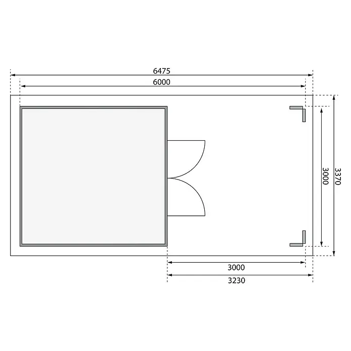 Karibu Gartenhaus Theres - Außenmaß inkl. Dachüberstand (B x T): 648 x 348 cm, Holz, Natur - Grundriss des Gartenhauses mit Abmessungen. Das Haus hat eine rechteckige Form mit Doppeltüren und zwei Eckstützen.
