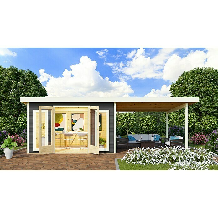 Karibu Gartenhaus Radeburg 3 (Außenmaß inkl. Dachüberstand (B x T): 724 x 393 cm, Holz, Terragrau, Mit Seitendach) | BAUHAUS