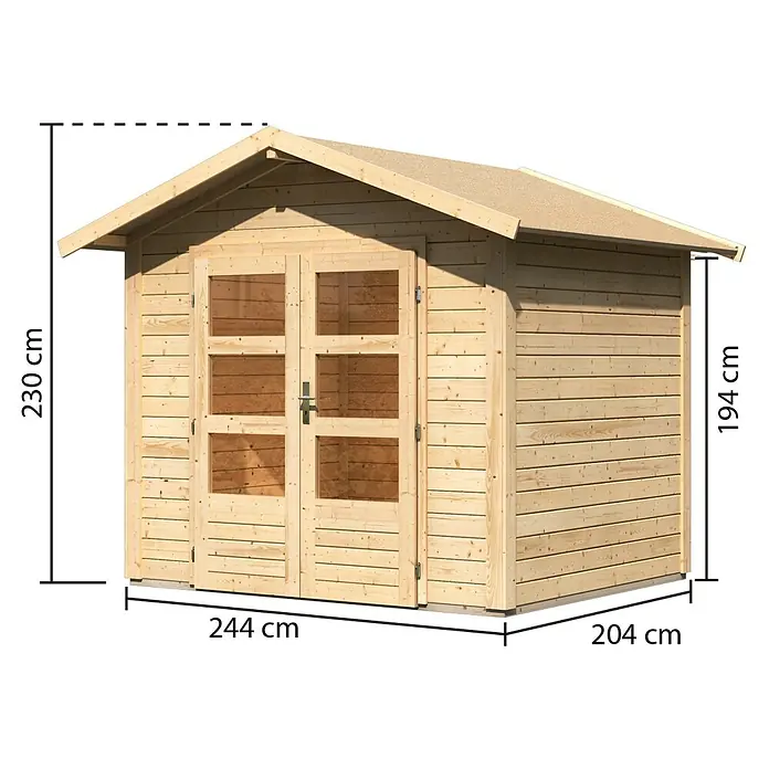 Karibu Gartenhaus Talkau 3 - Außenmaß inkl. Dachüberstand (B x T): 270 x 234 cm, Holz, Natur - Abbildung eines Holzgartenschuppens mit den Maßen 244 cm x 204 cm x 230 cm, der eine praktische und ästhetische Stauraumlösung für den Garten bietet.