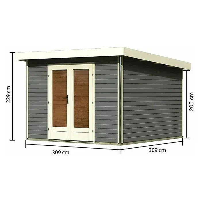 Karibu Gartenhaus Radeburg 1 - Außenmaß inkl. Dachüberstand (B x T): 346 x 331,5 cm, Holz, Terragrau - Abbildung eines Gartenhauses mit den Maßen 309 cm x 309 cm und einer Höhe von 229 cm. Das Haus hat eine Doppeltür und ein Flachdach.