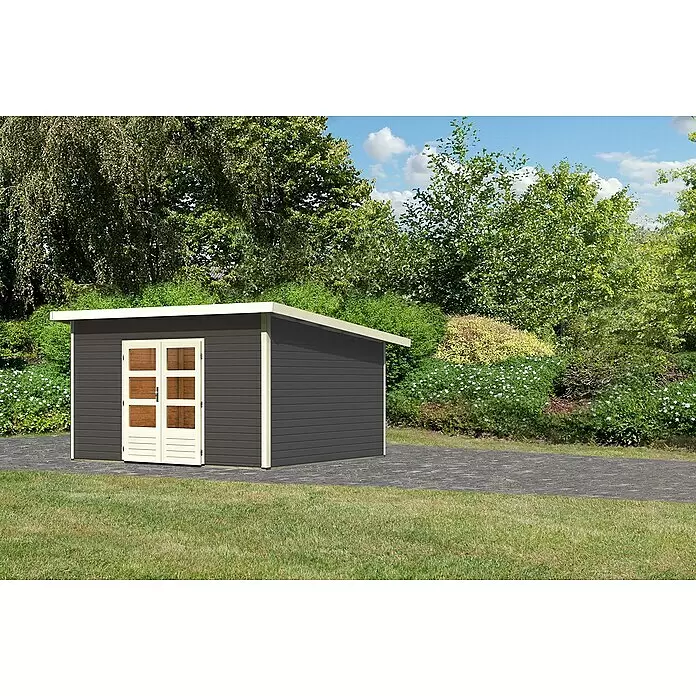 Karibu Gartenhaus Northeim 5 - Außenmaß inkl. Dachüberstand (B x T): 406 x 393 cm, Holz, Terragrau - Dunkelgraues Gartenhaus mit cremefarbenen Akzenten und Türen, Flachdach, auf gepflastertem Weg.