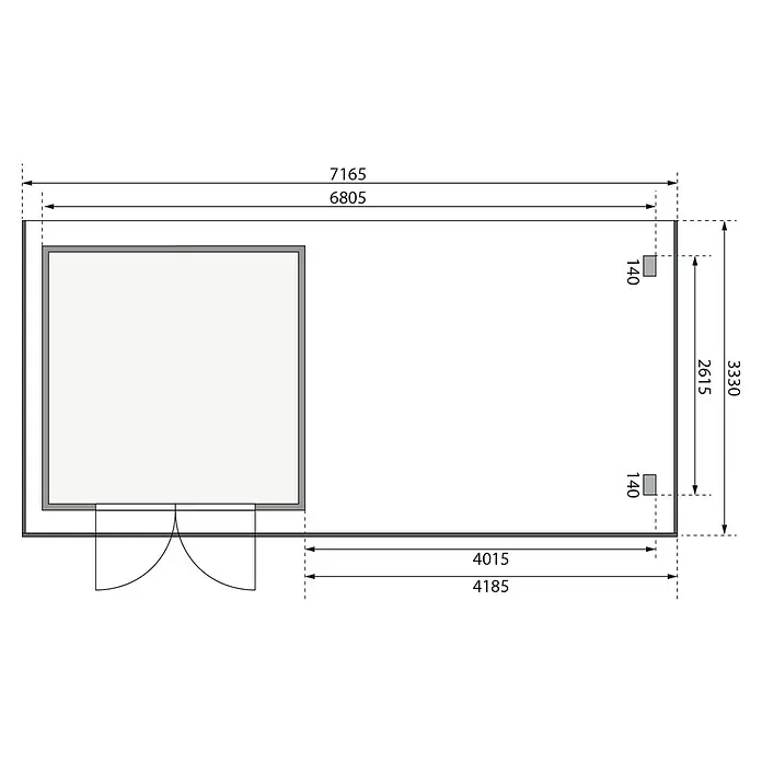 Karibu Gartenhaus - Außenmaß inkl. Dachüberstand (B x T): 716,5 x 333 cm, Holz, Natur, Mit Seitendach - Grundrisszeichnung eines Holzhauses mit Bemaßungen, inklusive einer Veranda und Fensterpositionen für eine optimale Raumplanung.