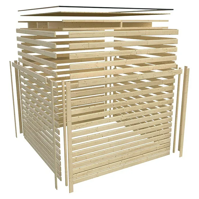 Karibu Gartenhaus Qubic 1 - Außenmaß inkl. Dachüberstand (B x T): 485 x 246 cm, Holz, Natur, Mit Seitendach - Explosionsansicht eines Holzgartenhauses, das die einzelnen Bauteile und die Konstruktion des Produkts hervorhebt.
