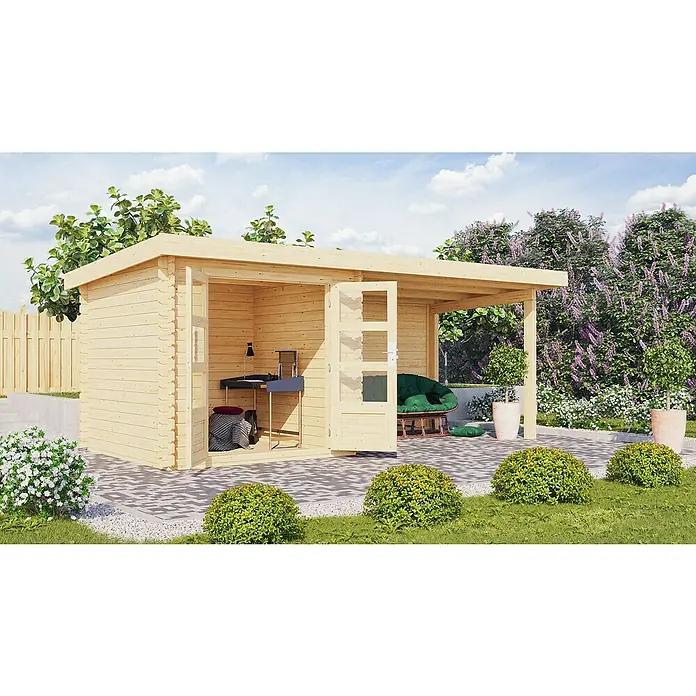 Karibu Gartenhaus Bastrup 2Außenmaß inkl. Dachüberstand (B x T): 554 x 273 cm, Holz, Natur, Mit Seitendach und Rückwand - Einladender Holzgartenpavillon mit offenem Design, ideal für Entspannung und Arbeit im Freien, umgeben von üppigem Grün.