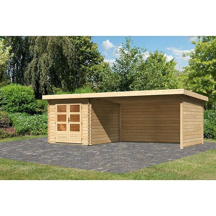 Karibu Gartenhaus Bastrup 4 (Außenmaß inkl. Dachüberstand (B x T): 654 x 333 cm, Holz, Natur, Mit Seitendach, Rück- und Seitenwand) | BAUHAUS