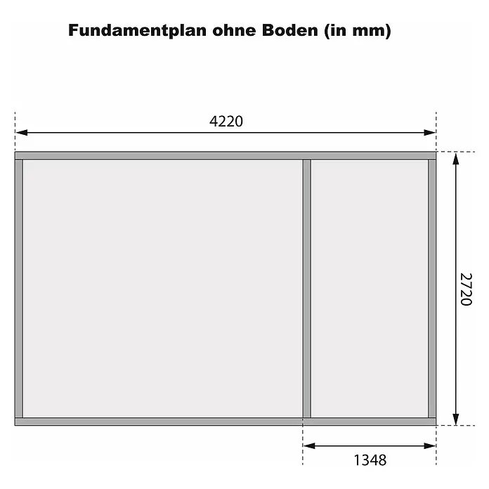 Karibu Gartenhaus Schönbuch 2 - Außenmaß inkl. Dachüberstand (B x T): 458 x 302 cm, Holz, Terragrau - Fundamentplan ohne Boden (in mm) mit den Maßen 4220 mm x 2720 mm, die rechte Seite ist 1348 mm breit.