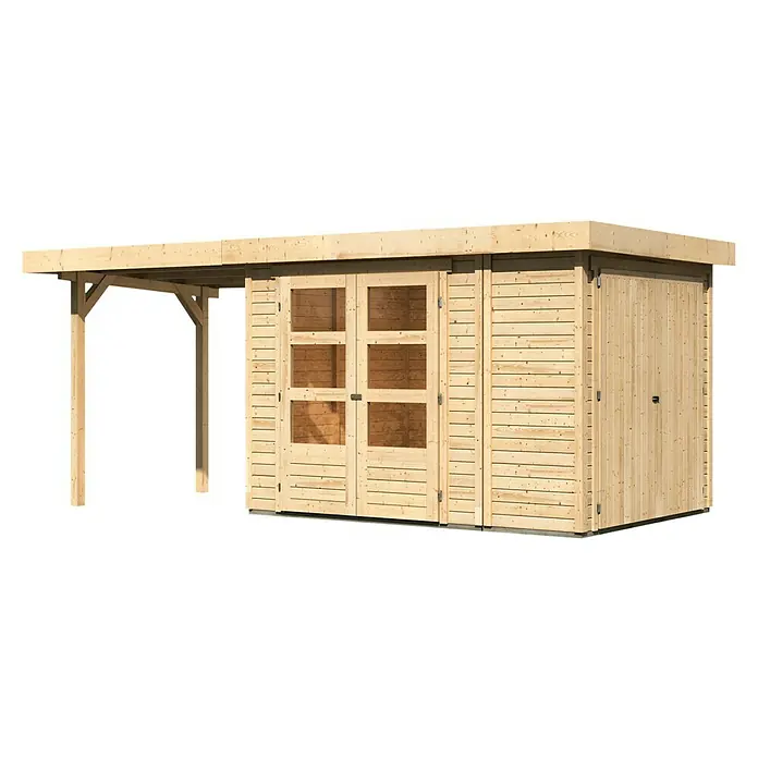 Karibu Gartenhaus Retola 2 - Außenmaß inkl. Dachüberstand (B x T): 542 x 238 cm, Holz, Natur - Ein helles Holzgartenhaus mit Doppeltüren und Vordach, ideal für Gartenlagerung und als Wetterschutzbereich.