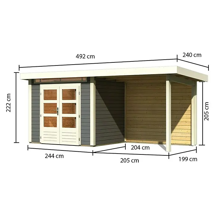 Karibu Gartenhaus Kandern 2 - Außenmaß inkl. Dachüberstand (B x T): 492 x 232 cm, Holz, Terragrau - Abbildung eines Holzschuppens mit den Maßangaben 492 cm, 244 cm, 205 cm, 199 cm, 240 cm, 222 cm und 205 cm.