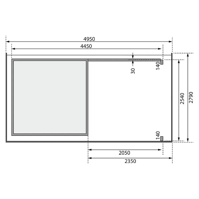 Karibu Gartenhaus Kandern 3 - Außenmaß inkl. Dachüberstand (B x T): 495 x 273 cm, Holz, Natur - Grundrisszeichnung mit Maßangaben.