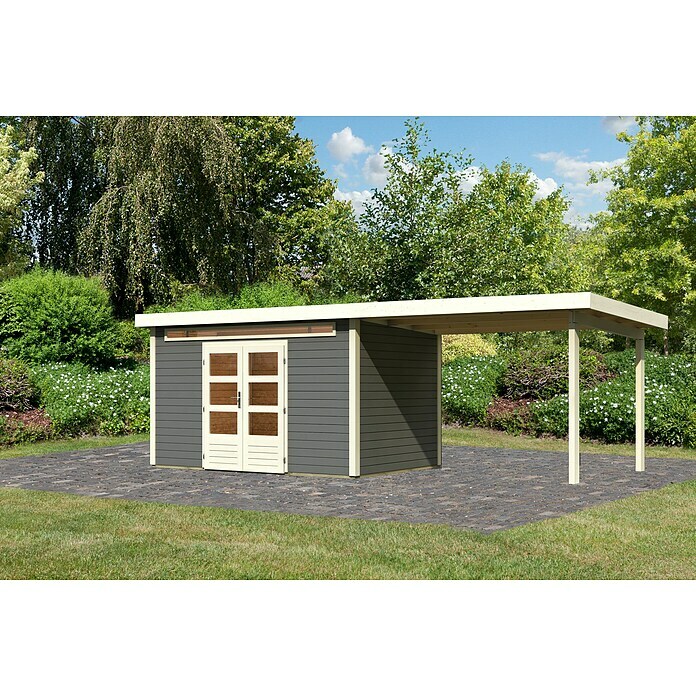 Karibu Gartenhaus Kandern 7 (Außenmaß inkl. Dachüberstand (B x T): 702 x 273 cm, Holz, Terragrau, Mit Seitendach) | BAUHAUS