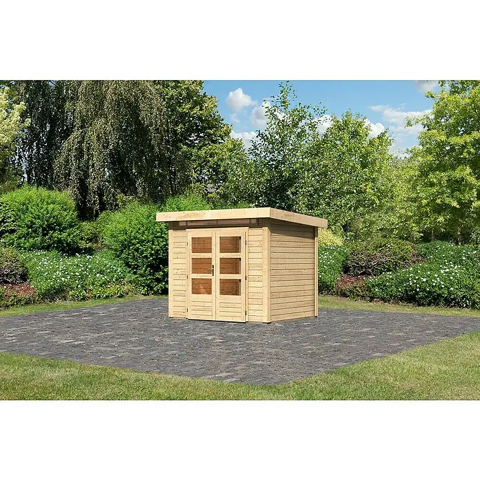 Karibu Gartenhaus Kandern 2 - Außenmaß inkl. Dachüberstand (B x T): 276 x 232 cm, Holz, Natur - Gartenschuppen aus Holz mit Doppeltüren und Flachdach, ideal zur Aufbewahrung von Gartengeräten und Werkzeugen.