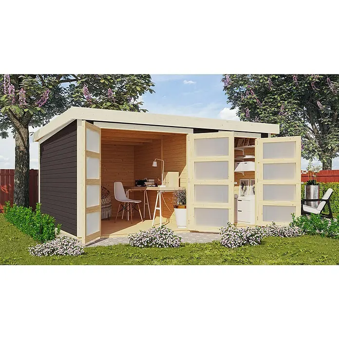 Karibu Gartenhaus Mühlentrup 3 - Außenmaß inkl. Dachüberstand (B x T): 428 x 351,5 cm, Holz, Terragrau - Ein modernes Gartenbüro aus Holz mit großen Glastüren, umgeben von üppigem Grün, bietet einen hellen und inspirierenden Arbeitsplatz im Freien.