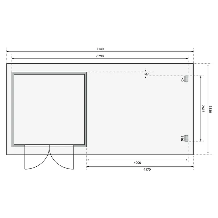 Karibu Gartenhaus Bastrup 5 - Außenmaß inkl. Dachüberstand (B x T): 714 x 333 cm, Holz, Natur, Mit Seitendach und Rückwand - Grundrisszeichnung eines Hauses mit Maßen, einschließlich Länge, Breite und Raumaufteilung. Details wie Türpositionierung sind sichtbar.