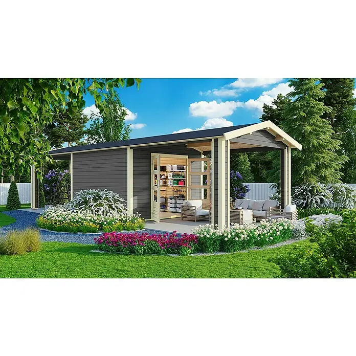Karibu Gartenhaus Theres - Außenmaß inkl. Dachüberstand (B x T): 947 x 348 cm, Holz, Terragrau - Ein modernes Gartenhaus mit offenem Anbau, umgeben von üppigen Blumenbeeten, die eine gemütliche Atmosphäre schaffen. Ideal zur Entspannung.
