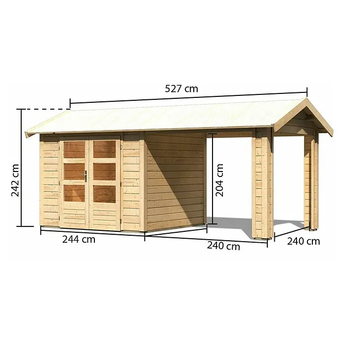Karibu Gartenhaus Theres - Außenmaß inkl. Dachüberstand (B x T): 528 x 288 cm, Holz, Natur - Abbildung eines Gartenhauses mit den Maßen 527 cm Länge, 242 cm Höhe und 244 cm Breite des Hauses.