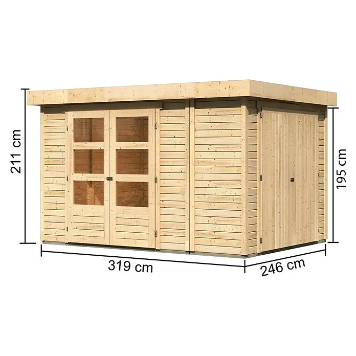 Karibu Gartenhaus Retola 4 - Außenmaß inkl. Dachüberstand (B x T): 342 x 262 cm, Holz, Natur - Holzgartenhaus mit den Maßen 319 x 246 x 211 cm, ideal für die Aufbewahrung von Gartengeräten und -möbeln.