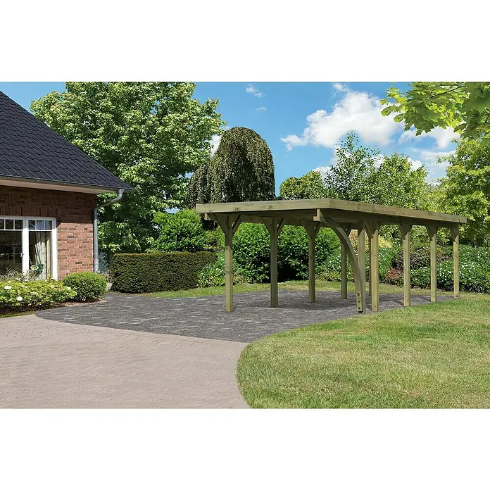 Karibu Carport Classic 3Außenmaß inkl. Dachüberstand (B x T): 3,18 x 8,6 m, Einzelcarport, Naturbelassen, Farbe Dach: Rot/ Grau, Mit 1 Einfahrtsbogen - Das Bild zeigt einen Holzpavillon im Garten. Er bietet Schutz vor Sonne und Regen und ist ein dekoratives Element im Außenbereich.