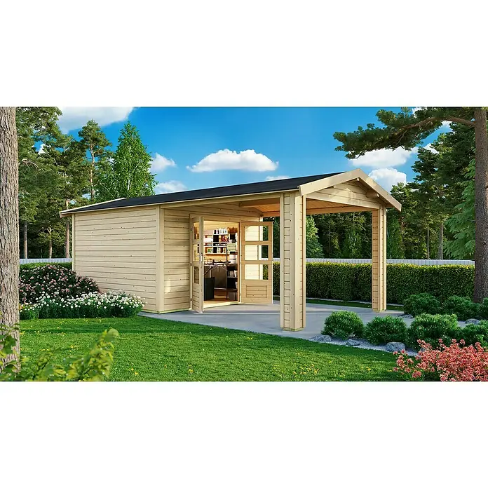 Karibu Gartenhaus Theres - Außenmaß inkl. Dachüberstand (B x T): 528 x 288 cm, Holz, Natur - Ein helles Holzgartenhaus mit einem überdachten Bereich bietet einen einladenden Raum im Freien. Ideal als Gartenbüro oder Rückzugsort.
