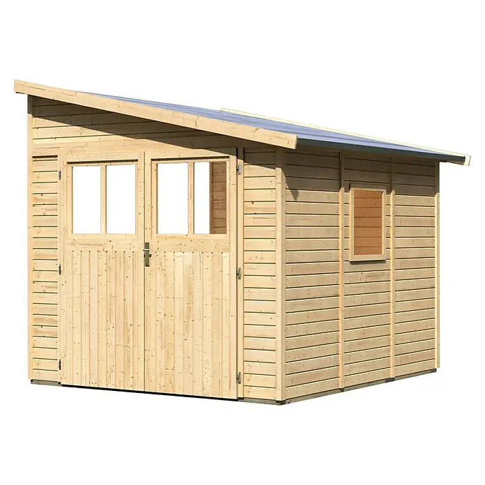 Karibu Gartenhaus Bomlitz 3 - Außenmaß inkl. Dachüberstand (B x T): 255 x 301 cm, Holz, Natur - Ein geräumiges Holzgartenhaus mit Doppeltür und Fenster, ideal für die Aufbewahrung von Gartengeräten und Werkzeugen.
