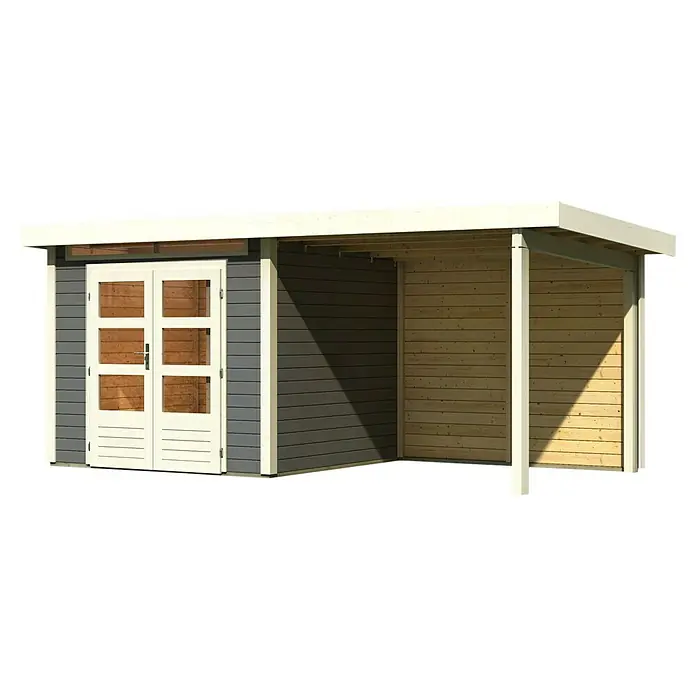 Karibu Gartenhaus Kandern 3 - Außenmaß inkl. Dachüberstand (B x T): 495 x 273 cm, Holz, Terragrau - Abbildung eines modernen Gartenhauses mit Doppeltür und offenem Anbau, ideal für Garten und Freizeit.