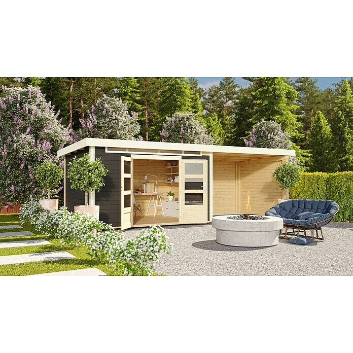Karibu Gartenhaus Kandern 7 (Außenmaß inkl. Dachüberstand (B x T): 702 x 273 cm, Holz, Terragrau, Mit Seitendach und Rückwand) | BAUHAUS