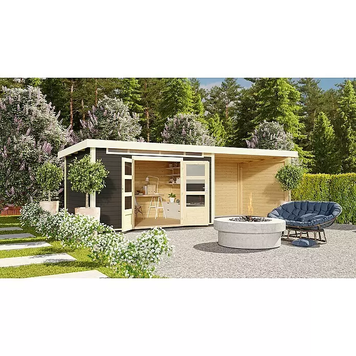Karibu Gartenhaus Kandern 7 - Außenmaß inkl. Dachüberstand (B x T): 702 x 273 cm, Holz, Terragrau, Mit Seitendach und Rückwand - Stimmungsaufnahme