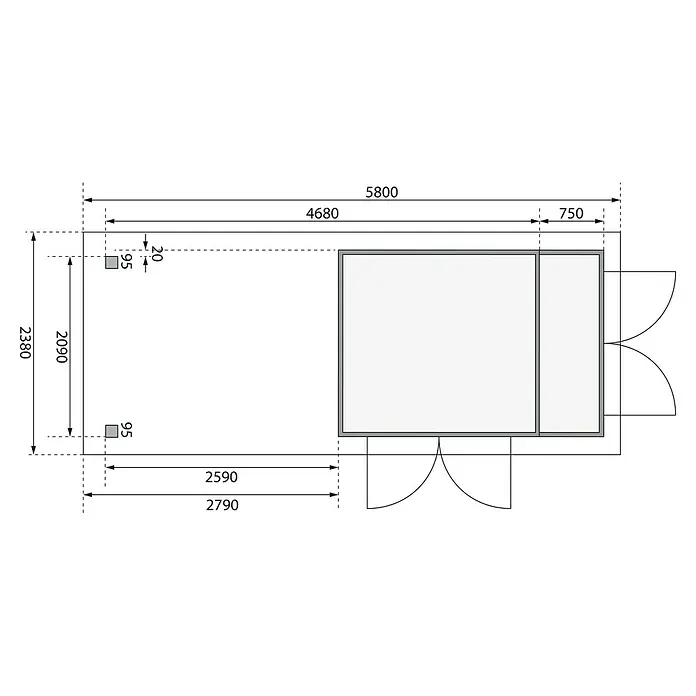 Karibu Gartenhaus Retola 2 - Außenmaß inkl. Dachüberstand (B x T): 580 x 238 cm, Holz, Natur - Detaillierte Darstellung eines Gebäudeplans mit präzisen Maßangaben für die Raumaufteilung und strukturelle Elemente des Hauses.