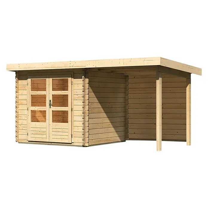 Karibu Gartenhaus Bastrup 2 - Außenmaß inkl. Dachüberstand (B x T): 454 x 273 cm, Holz, Natur, Mit Seitendach und Rückwand - Das Bild zeigt ein modernes Holzgartenhaus mit Doppeltür und einem überdachten Bereich, ideal für den Garten. Die Konstruktion ist stabil.