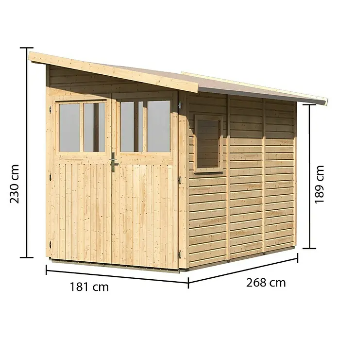 Karibu Gartenhaus Wandlitz 3 - Außenmaß inkl. Dachüberstand (B x T): 200 x 320 cm, Holz, Natur - Abbildung eines Holzgartenschuppens mit den Maßen 230 cm Höhe, 181 cm Breite und 268 cm Tiefe. Dieser bietet Stauraum und Schutz für Gartengeräte.