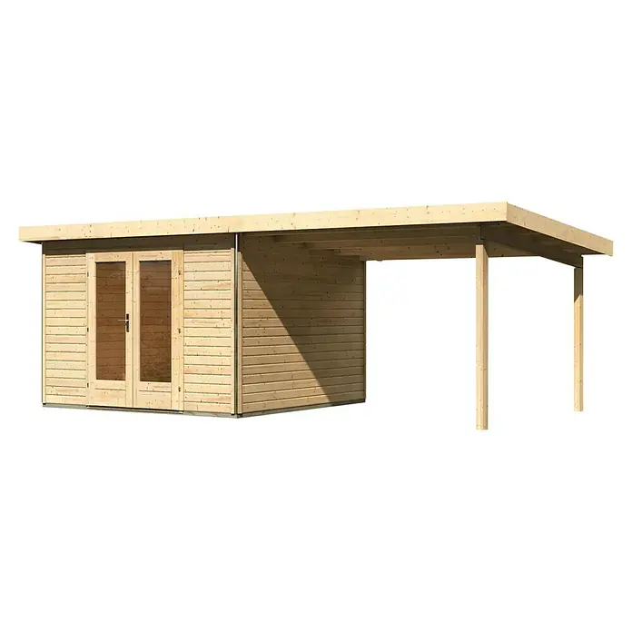 Karibu Gartenhaus Radeburg 1 - Außenmaß inkl. Dachüberstand (B x T): 664 x 331,5 cm, Holz, Natur, Mit Seitendach - Modernes Holzgartenhaus mit überdachtem Bereich, ideal für Entspannung im Freien. Das Haus bietet Schutz und Komfort in Ihrem Garten.