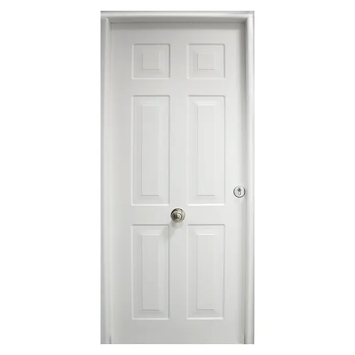 THT Puerta de entrada exterior Saga M100 Yedra - 90 x 210 cm, Derecha, Blanco - Puerta pintada de blanco con seis paneles y pomo plateado, combinando diseño moderno y funcionalidad.