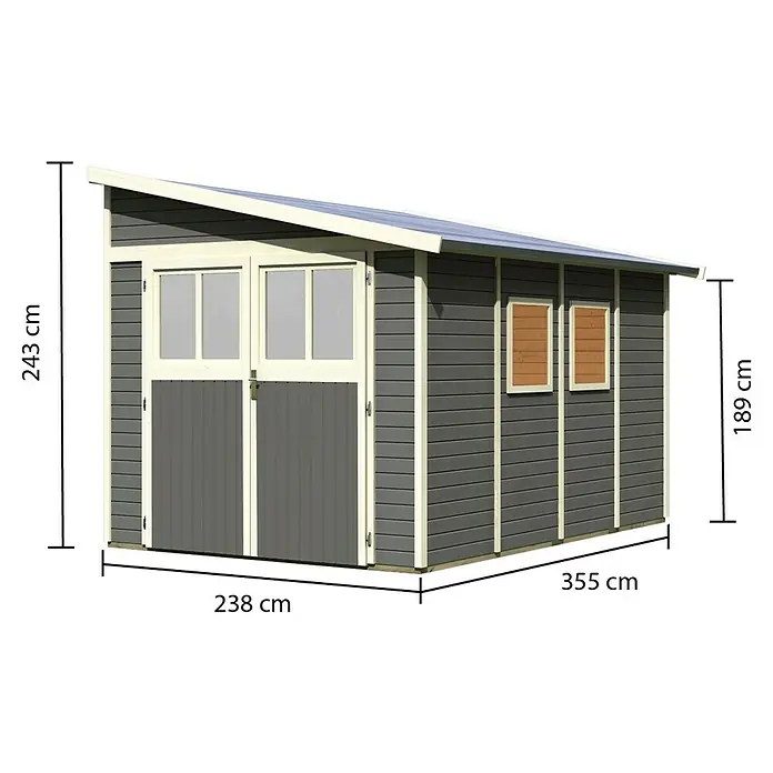 Karibu Gartenhaus Bomlitz 4 - Außenmaß inkl. Dachüberstand (B x T): 255 x 388 cm, Holz, Terragrau - Ansicht eines grauen Gartenhauses mit Doppeltür und zwei Fenstern mit Maßangaben zu Höhe, Breite und Länge.