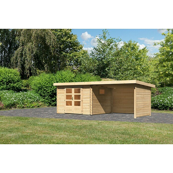 Karibu Gartenhaus (Außenmaß inkl. Dachüberstand (B x T): 616,5 x 333 cm, Holz, Natur, Mit Seitendach, Rück- & Seitenwand) | BAUHAUS