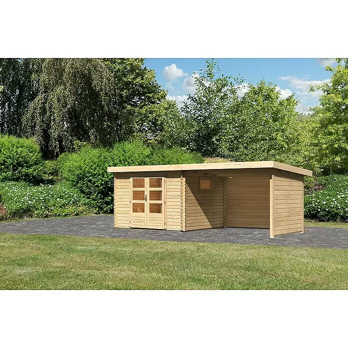 Karibu Gartenhaus Trittau 3 - Außenmaß inkl. Dachüberstand (B x T): 616,5 x 333 cm, Holz, Natur, Mit Seitendach, Rück- & Seitenwand - Stimmungsaufnahme