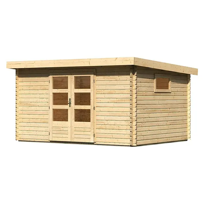 Karibu Gartenhaus Trittau 5 - Außenmaß inkl. Dachüberstand (B x T): 406 x 333 cm, Holz, Natur - Eine Ansicht eines Holzschuppens mit Doppeltüren, kleinem Fenster und überhängendem Dach, ideal für die Gartenaufbewahrung und mehr.