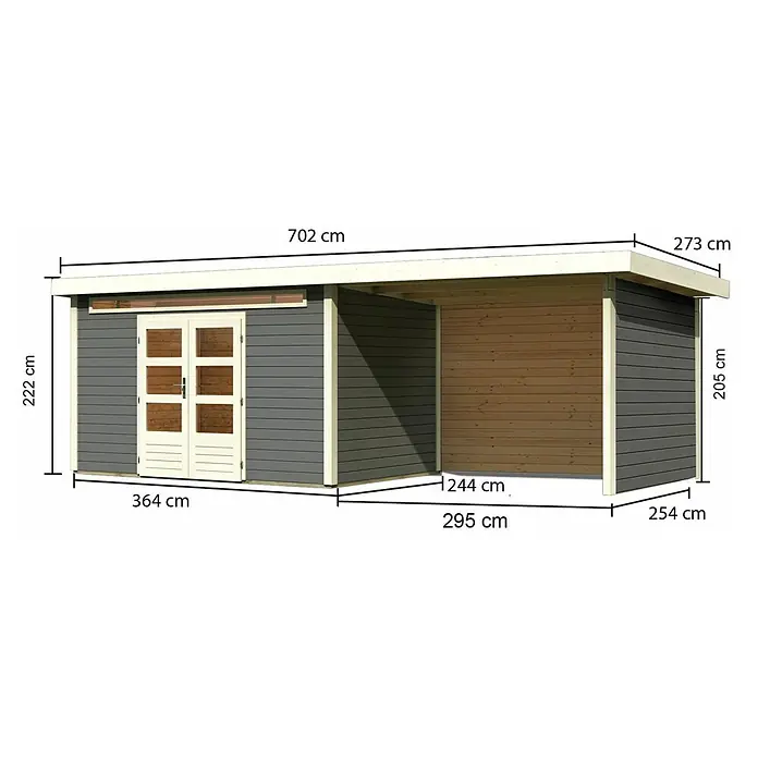 Karibu Gartenhaus Kandern 7 - Außenmaß inkl. Dachüberstand (B x T): 702 x 273 cm, Holz, Terragrau, Mit Seitendach, Rück- und Seitenwand - Ansicht eines Gartenhauses mit den Maßen 702 x 273 x 222 x 364 x 295 x 244 x 254 x 205 cm.