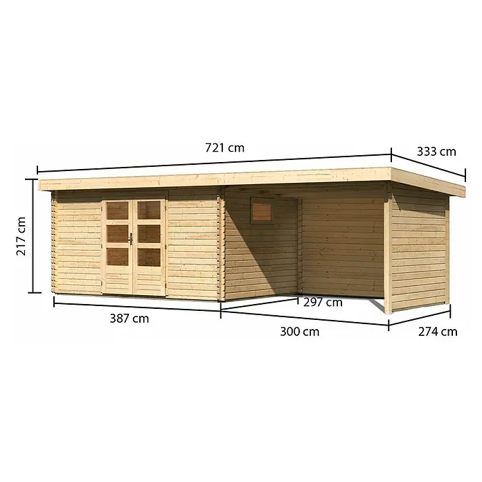 Karibu Gartenhaus Trittau 5 - Außenmaß inkl. Dachüberstand (B x T): 706 x 333 cm, Holz, Natur, Mit Seitendach, Rück- & Seitenwand - Abbildung eines Holzgartenhauses mit den Abmessungen 721 x 333 x 217 cm, 387 x 297 x 300 x 274 cm.