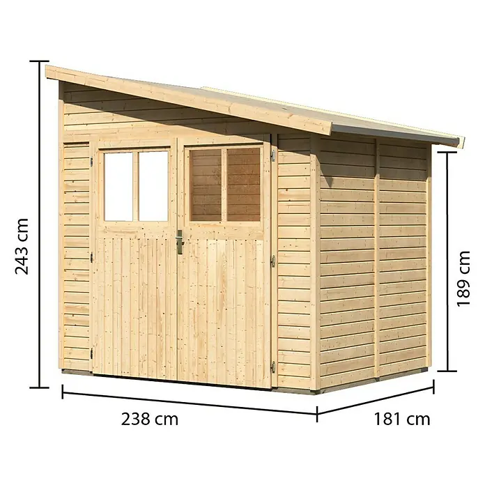 Karibu Gartenhaus Bomlitz 2 - Außenmaß inkl. Dachüberstand (B x T): 255 x 232 cm, Holz, Natur - Abbildung eines Holzschuppens mit den Maßen 243 cm Höhe, 238 cm Breite und 181 cm Tiefe.