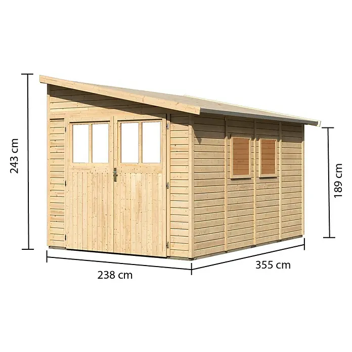 Karibu Gartenhaus Bomlitz 4 - Außenmaß inkl. Dachüberstand (B x T): 255 x 388 cm, Holz, Natur - Abmessungen eines Holzschuppens mit einer Höhe von 243 cm, einer Breite von 238 cm und einer Tiefe von 355 cm.