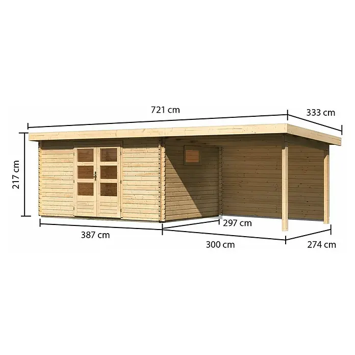 Karibu Gartenhaus Trittau 5 - Außenmaß inkl. Dachüberstand (B x T): 706 x 333 cm, Holz, Natur, Mit Seitendach & Rückwand - Ansicht eines Holzgartenhauses mit Abmessungen, die die Größe und die Proportionen der Struktur verdeutlichen.