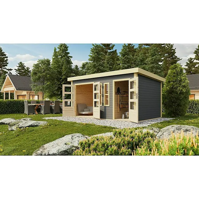 Karibu Gartenhaus Schönbuch 2 - Außenmaß inkl. Dachüberstand (B x T): 458 x 302 cm, Holz, Terragrau - Dieses Bild zeigt ein modernes Gartenhaus mit offenen Türen, das einen einladenden Raum im Freien bietet, ideal für Entspannung oder Lagerung.