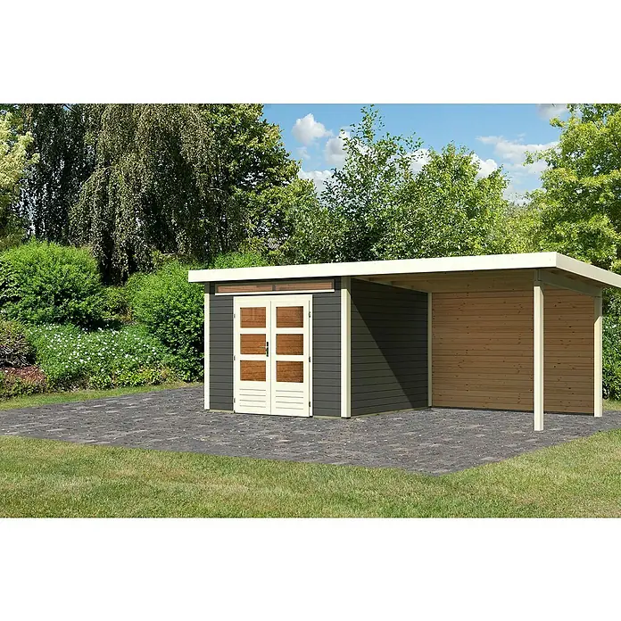 Karibu Gartenhaus Kandern 6 - Außenmaß inkl. Dachüberstand (B x T): 612 x 303 cm, Holz, Terragrau, Mit Seitendach und Rückwand - Geräumiges Gartenhaus mit Holztüren und integriertem Unterstand für Geräte und Gartenmöbel auf gepflasterter Fläche.