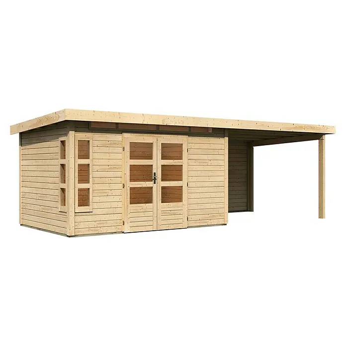 Karibu Gartenhaus Kastorf 7 - Außenmaß inkl. Dachüberstand (B x T): 702 x 273 cm, Holz, Natur, Mit Seitendach und Rückwand - Ein modernes, helles Holzgartenhaus mit Glasfenstern und einem überdachten Anbau, perfekt für den Garten.