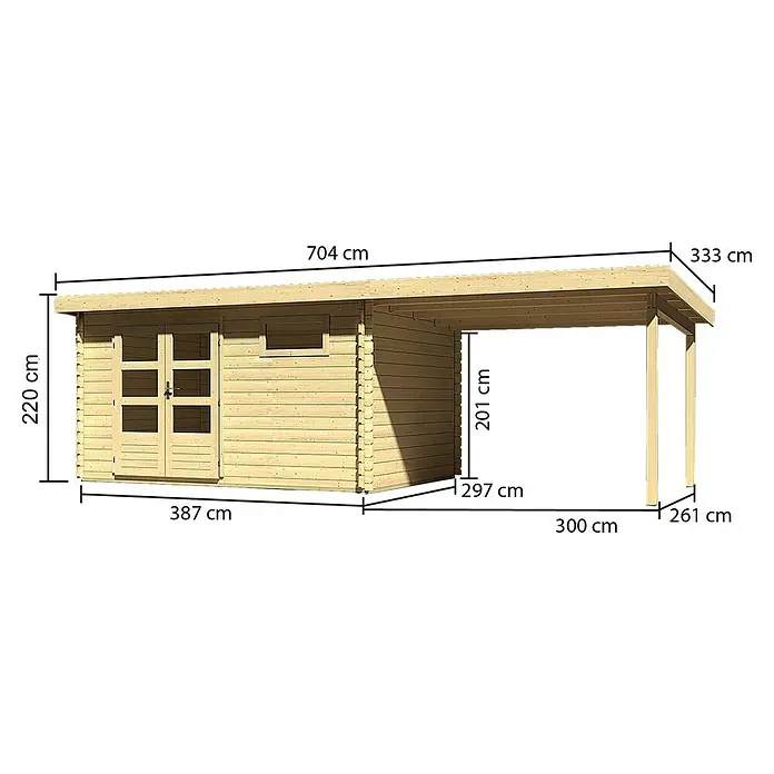 Karibu Gartenhaus Bastrup 8 - Außenmaß inkl. Dachüberstand (B x T): 704 x 333 cm, Holz, Natur, Mit Seitendach - Abbildung eines Holzhauses mit Carport und Maßangaben zu Länge, Breite und Höhe in Zentimetern zur Veranschaulichung.