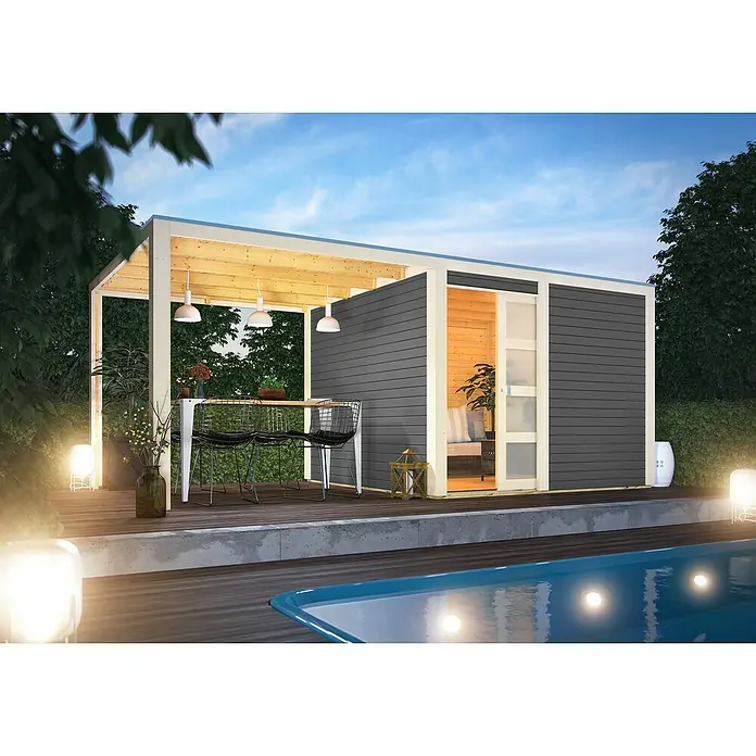 Karibu Gartenhaus Qubic 2Außenmaß inkl. Dachüberstand (B x T): 542,5 x 276 cm, Holz, Terragrau, Mit Seitendach - Elegantes Gartenhaus mit stilvollem Anbau und Pool, ideal für entspannte Stunden im Freien. Die perfekte Ergänzung für jeden Garten.