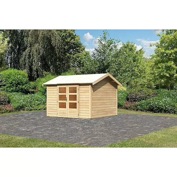 Karibu Gartenhaus Theres - Außenmaß inkl. Dachüberstand (B x T): 337 x 348 cm, Holz, Natur - Heller Holzgeräteschuppen mit Doppeltüren und Satteldach, im Freien auf gepflastertem Bereich.