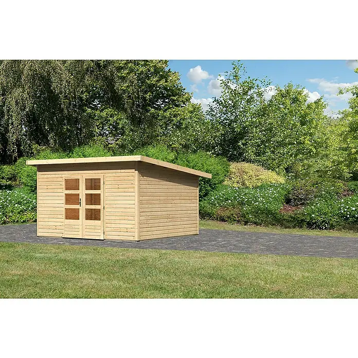 Karibu Gartenhaus Northeim 5 - Außenmaß inkl. Dachüberstand (B x T): 406 x 393 cm, Holz, Natur - Ein modernes Gartenhaus aus Holz mit Doppeltür und Flachdach steht im Grünen. Ideal für die Aufbewahrung von Gartengeräten.