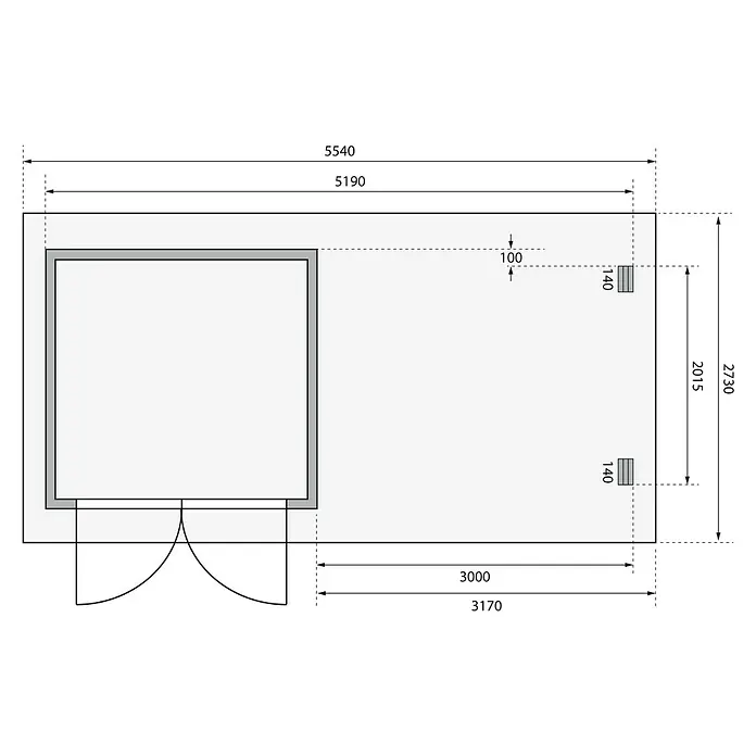 Karibu Gartenhaus Bastrup 2 - Außenmaß inkl. Dachüberstand (B x T): 554 x 273 cm, Holz, Natur, Mit Seitendach und Rückwand - Grundrisszeichnung eines Gebäudes mit Maßangaben, die die Abmessungen und Anordnung der Räume und Elemente zeigen.